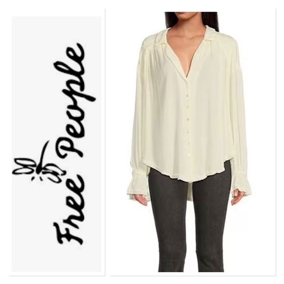 NEW Free People Olivia Collared Long Sleeve Button Front Smocked Top - Picture 1 of 9
